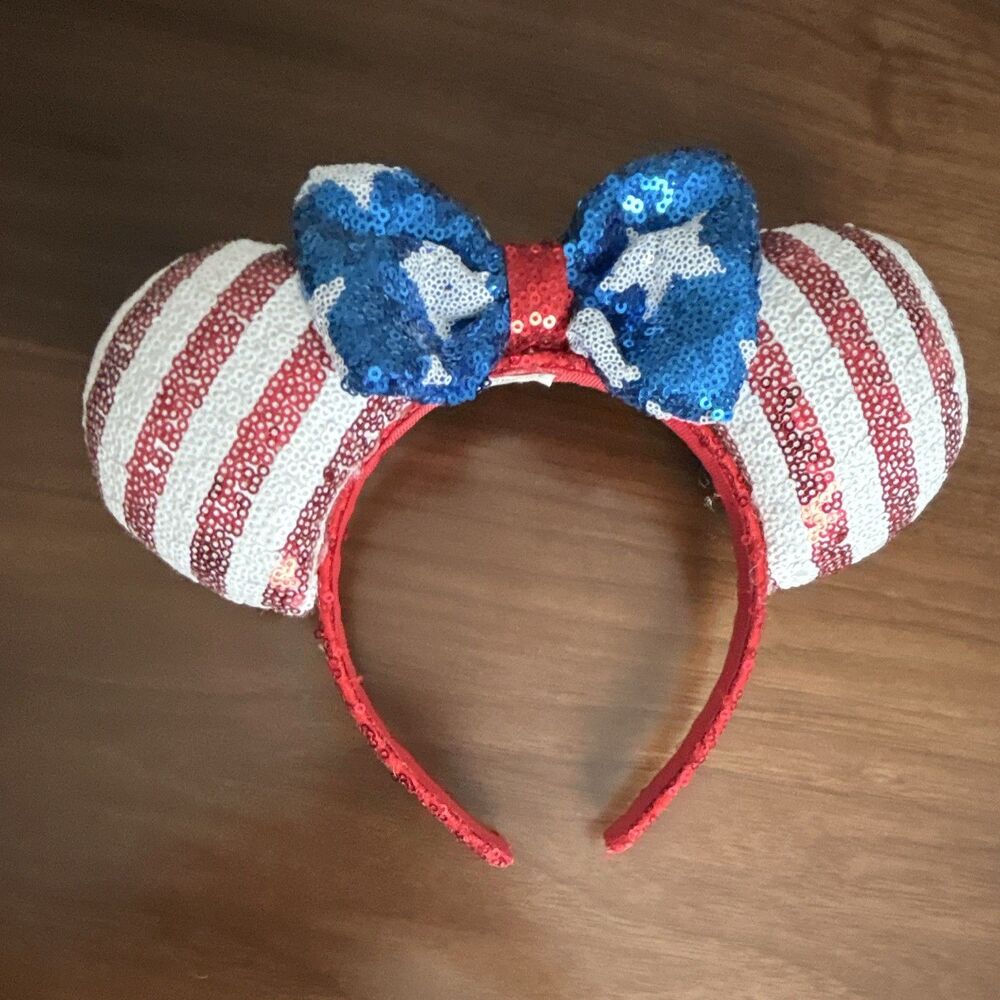Disney Minnie Mouse USA Sequined Ears Bow Headband Striped Red/White/Blue - Picture 2 of 16